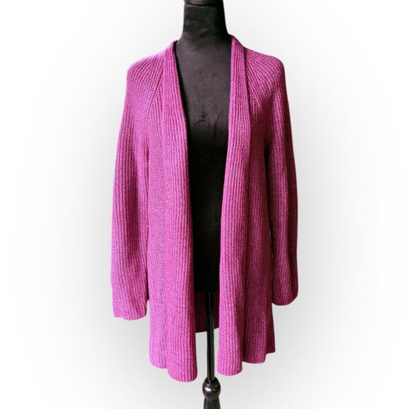 NWT Loft Berry Pink Open Front Chunky Knit Shawl Collar Cardigan Sweater Size L - Picture 5 of 16